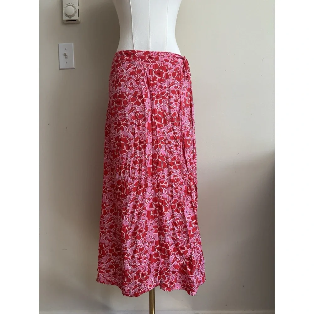 J Crew Bright Tropical Pink Midi Skirt Faux Wrap Coastal Beach Medium‎ *FLAW